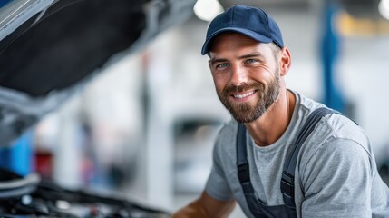 Skilled mechanic smiling confidently while working in an auto repair shop