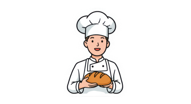 Friendly Cartoon Baker Holding Fresh Bread Loaf