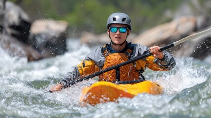 Adventure on the wild river with kayaker skillfully navigating rapids
