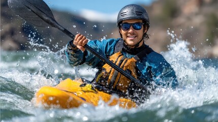 Kayaker enjoys thrilling adventure on the roaring river under bright sun