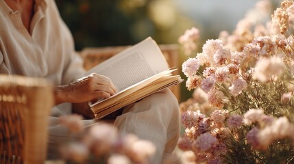 Close-Up of Woman's Hands Turning Book Pages in Garden at Sunset