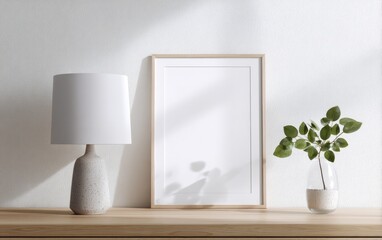 Empty frame, lamp, plant on light wooden surface