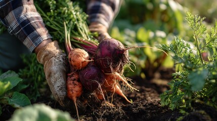 Close-Up of Hands Gathering Root Vegetables in Garden Soil. Realistic Farm-to-Table Harvest Scene with Carrots and Beets
