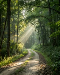 Fototapeta premium A winding dirt path through a lush green forest. Sunlight filters through the trees, creating a serene and tranquil atmosphere.