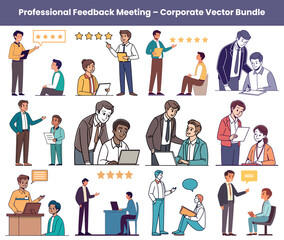 Illustrations of Employees Receiving Feedback, Ratings, and Mentorship in Various Office Scenarios