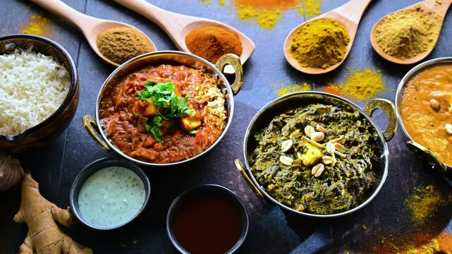 Composition with indian dishes: madras paneer, palak paneer and shahi paneer with basmati rice served in original indian karahi pots