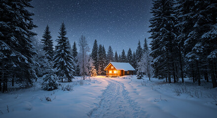 Cozy wooden cabin nestled in a snowy forest under a starry night sky