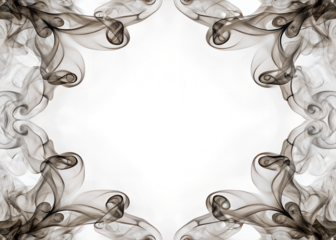 Abstract design with swirling brown smoke patterns on a transparent background. The intricate shapes create a unique frame effect.