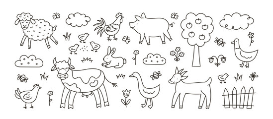 Set of cute doodle farm animals. Hand drawn country cow, duck, goose, rooster, goat, chicken, sheep, rabbit, pig, flowers, apple tree. Funny rural livestock. Kids line graphic vector illustration.