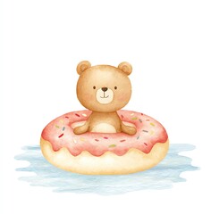 Adorable Watercolor Bear Enjoys a Sweet Donut Float in Calm Blue Water