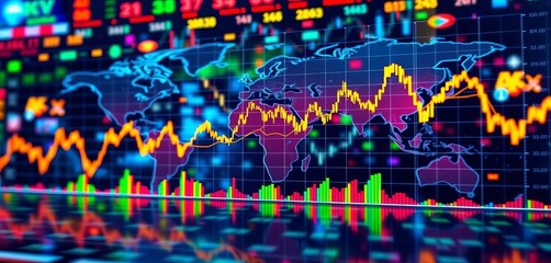 Global financial markets graph depicting exchange rate fluctuations,  yuan,  global