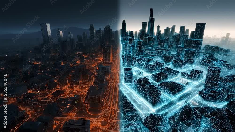Poster half of cityscape showing traditional buildings and infrastructure while other half transforming int