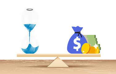 Balance Between Time and money concept. Sand clock and stacked coins on Seesaw. Copy space