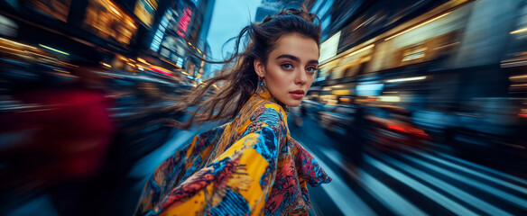 Beautiful young woman crossing in the street. Long shutter shot. Friday night
