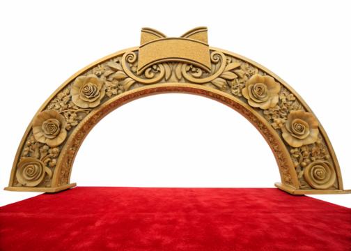 A decorative wooden arch with intricate floral carvings. The arch is set against a transparent background, with a red carpet below it.