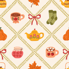 Vintage cute fall patchwork seamless pattern with bows, pumpkins, teapot, autumn leaves, jam, socks, mug. Thanksgiving day cozy wallpaper. Vector trendy print, preppy fall quilt, mosaic background.