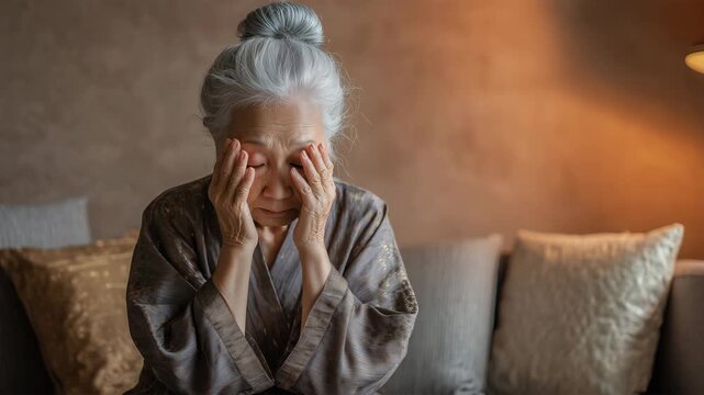 七十代の日本人の高齢女性がソファの上で目を覆う