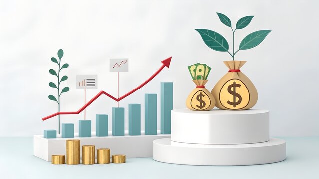  growth money isolated on transparent 3d podium background with wealth financial business success finance graph stock profit investment chart. 
