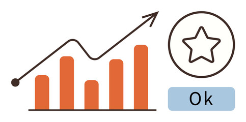 Bar graph with upward arrow representing growth, alongside a star in a circle and Ok text. Ideal for success, feedback, growth, achievement, progress, performance analytics. Clean simple flat