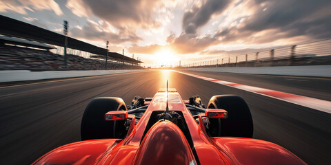 Obraz premium red formula one bolide sports racing car is driving fast on track in F1 race. Driver point of view