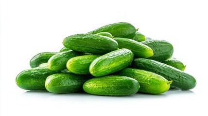 Fresh cucumbers piled on white background. Neural network AI generated