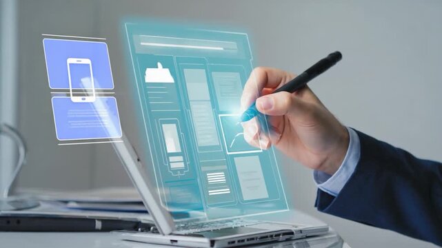 A hand using a stylus to interact with a holographic interface displayed over a laptop