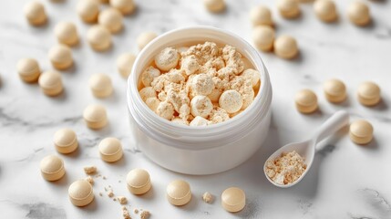 Protein supplement jar with capsules and scoop on white background, fitness nutrition flatlay for health or gym brand