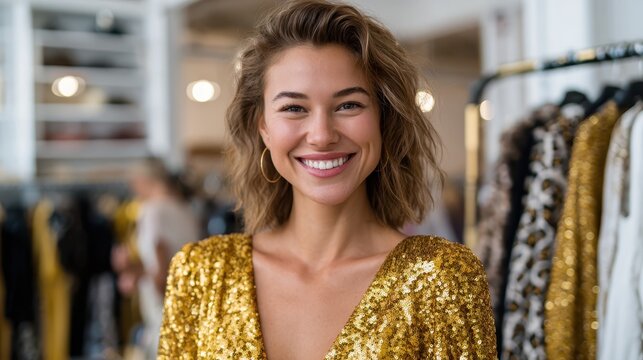 Woman in gold sequined dress smiling in a vibrant fashion boutique - Powered by Adobe