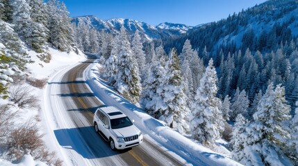 Winter road adventure through snow-covered mountains in bright sunlight