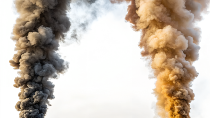 Two columns of smoke rise against a transparent background. One column is dark gray, while the other is light brown. The smoke appears dense and billowy.
