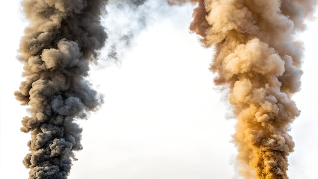 Two columns of smoke rise against a transparent background. One column is dark gray, while the other is light brown. The smoke appears dense and billowy.