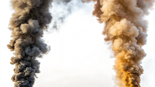 Two columns of smoke rise against a transparent background. One column is dark gray, while the other is light brown. The smoke appears dense and billowy.