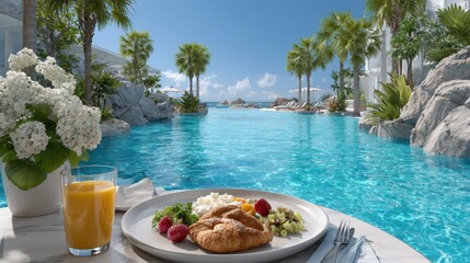 Breathtaking breakfast by the shimmering poolside with a tropical view