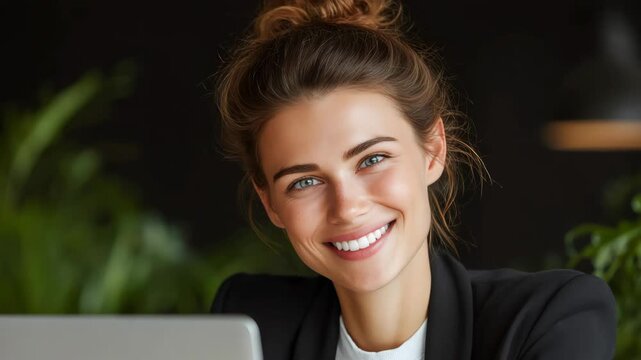 A smiling professional woman in a modern office setting, using a computer. Focus and workspace are implied by the indoor plants.