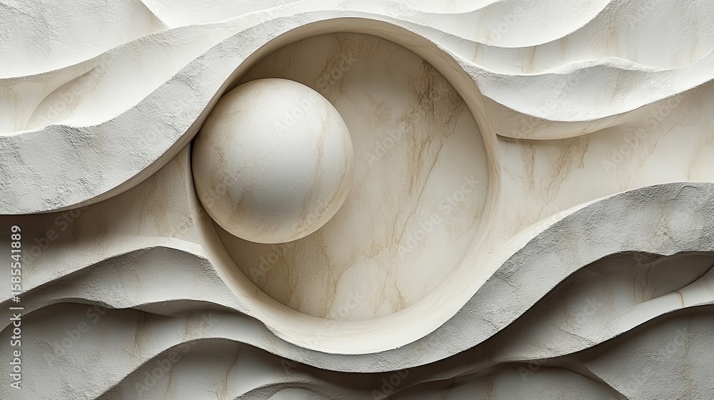 Poster minimalist art featuring a sphere nestled within flowing marble textured waves creating a soothing