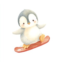 Adorable Watercolor Penguin Snowboarding Down a Snowy Hill, Enjoying Winter Fun