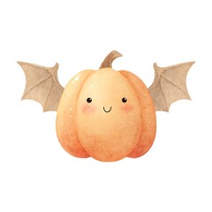Adorable Watercolor Pumpkin with Bat Wings,Smiling Cheerfully Against a White Background
