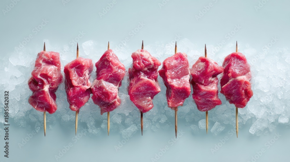 Poster arrangement of chilled raw meat skewers on ice in top-down view with clean background and space