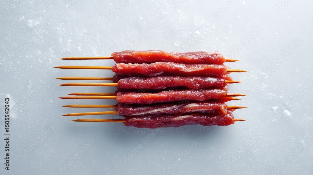 Poster arrangement of chilled raw meat skewers on ice in top-down view with clean background and space