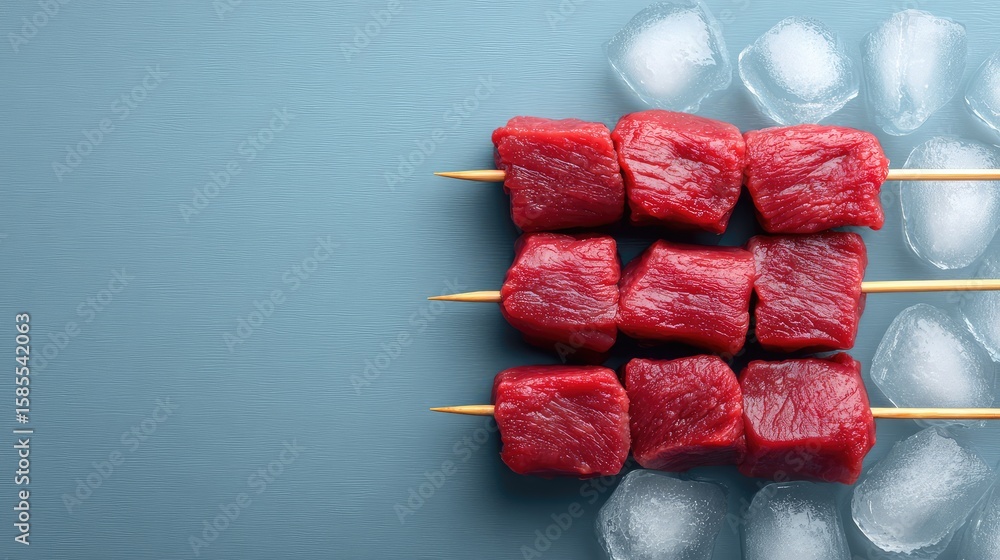 Aufkleber arrangement of chilled raw meat skewers on ice in top-down view with clean background and space