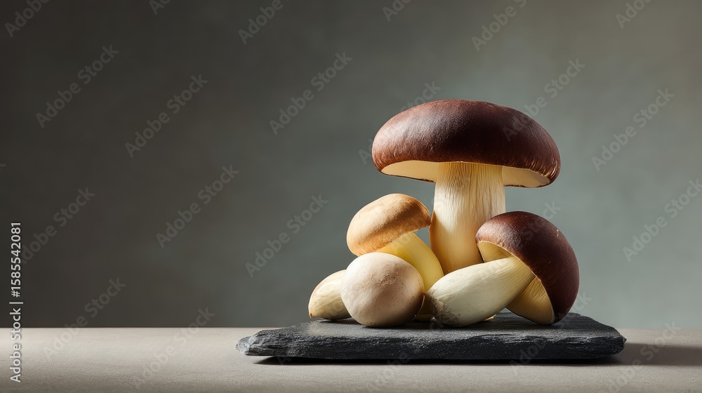 Poster artful display of sliced and whole mushrooms on slate with modern minimal style and copy space