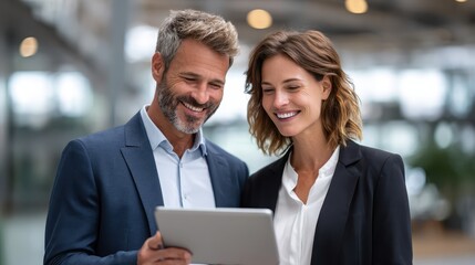 Professionals engaged in a collaborative discussion using a tablet indoors
