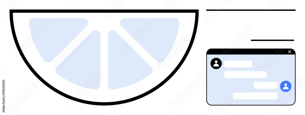 Poster half lemon slice with geometric design next to a chat window representing communication, interaction