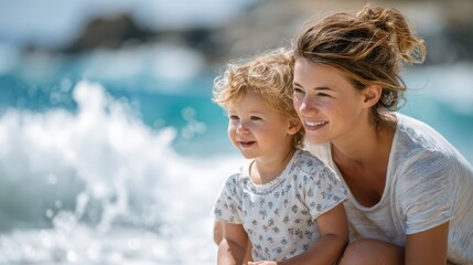 Joyful bonding moments between mother and child at the beach on a sunny day