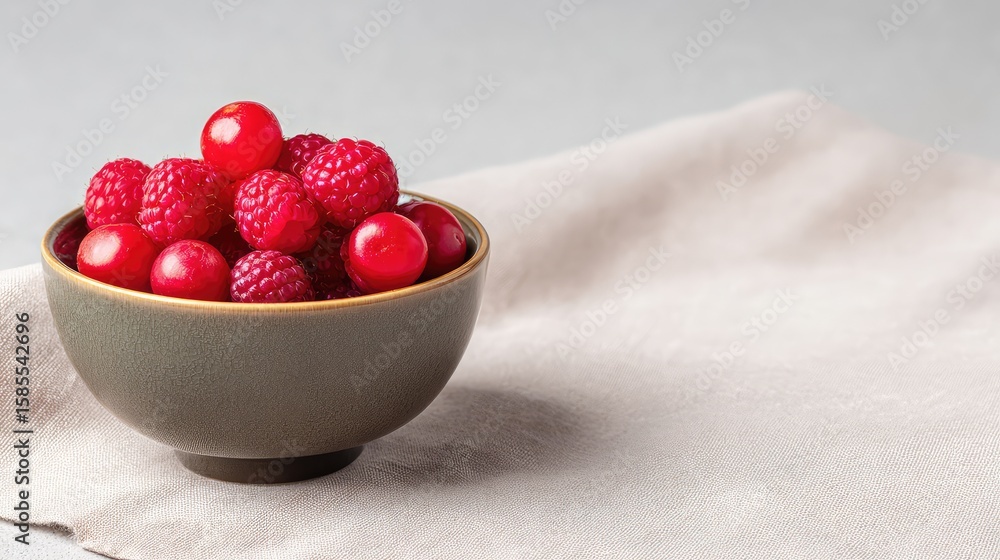 Poster bowl of fresh raspberries centered on linen surface with soft shadows and white space around