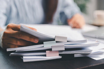 Business woman analyze calculate company financial, tax results office accounting statistics...