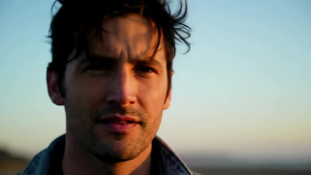 A contemplative man with windblown hair stands outdoors during a beautiful golden hour sunset, looking pensive and thoughtful.