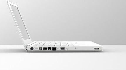 Minimalist white laptop showing ports and keyboard on a neutral background modern technology