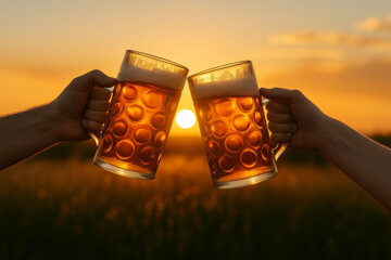 Cheers at Sunset – Toasting Beer Mugs in Golden Hour