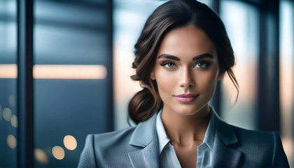 Fototapeta premium Портрет молодой деловой женщины в строгом костюме крупным планом